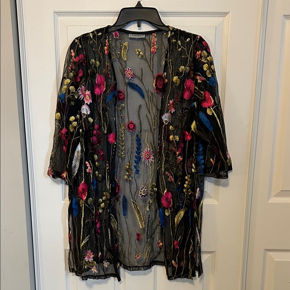 CATHERINE'S Black Sheer Duster Cardigan Floral Embroidery Medium